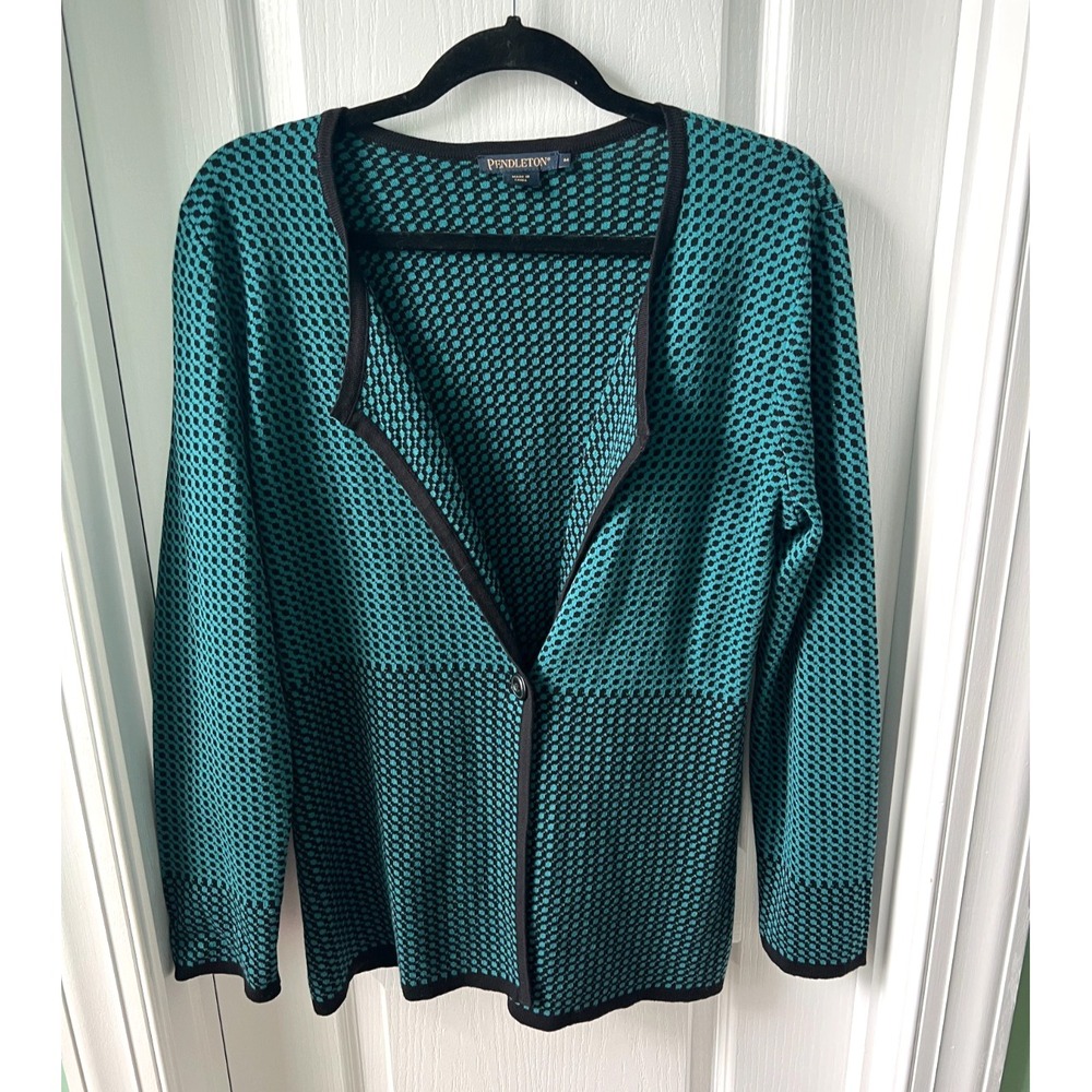 Pendleton Womens‎ Cardigan Sweater Teal Green Black Cotton Size M